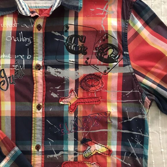 Desigual Colorful Red Plaid Long Sleeve Cotton Collared Mens Shirt NWOT - M/L - Picture 3 of 9